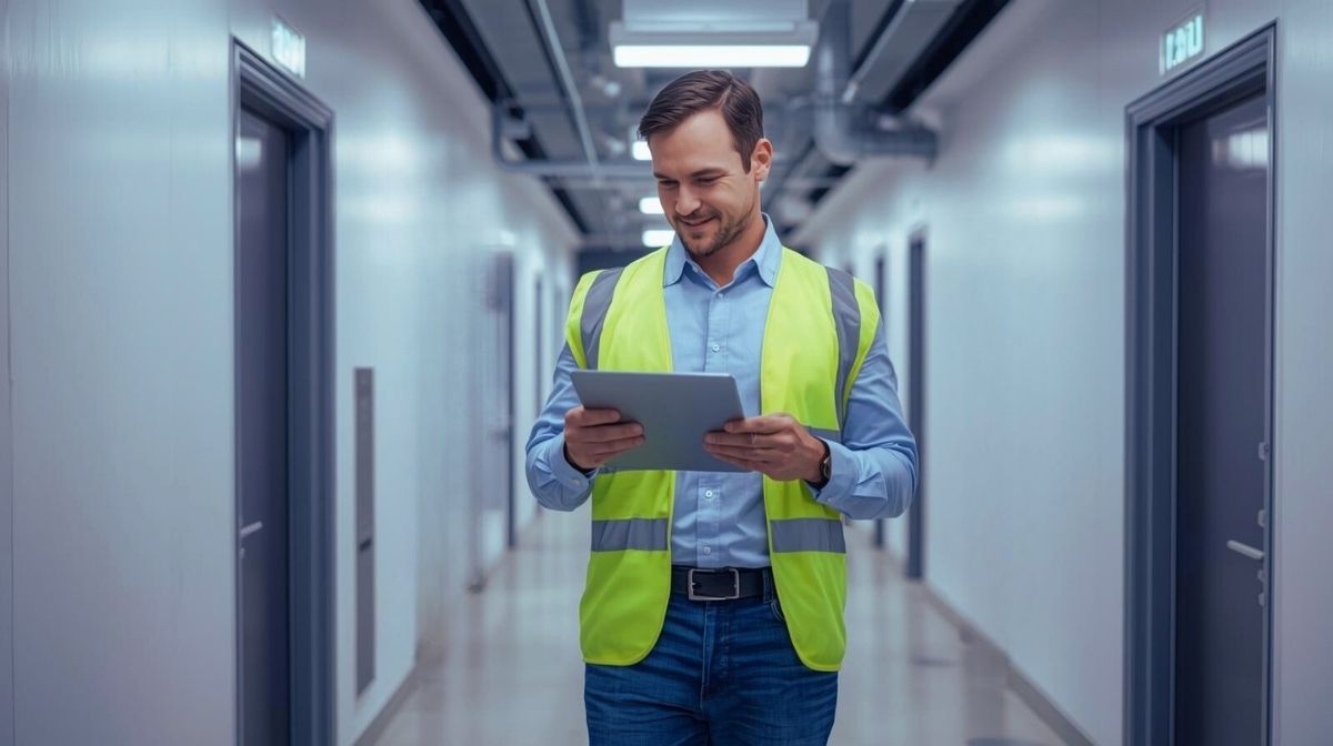 Facility‑Techniker mit Sicherheitsweste dokumentiert Gebäudedaten mobil per Tablet in moderner Infrastruktur