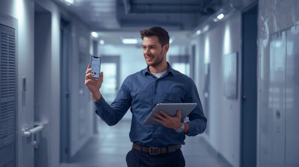 Facility‑Manager dokumentiert Gebäudedaten mobil mit Smartphone und Tablet in moderner Büroinfrastruktur