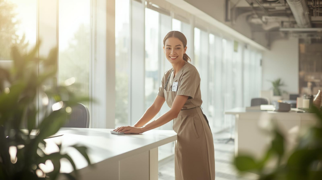 Reinigungskraft säubert weißen Schreibtisch in hellem Büro mit großen Fenstern – Symbol für Sauberkeit, Sorgfalt und professionelle Objektpflege.