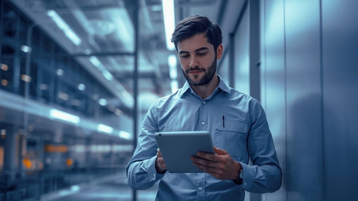 Lacidem Service Facility‑Manager dokumentiert Gebäudedaten mobil per Tablet in moderner, digital vernetzter Arbeitsumgebung