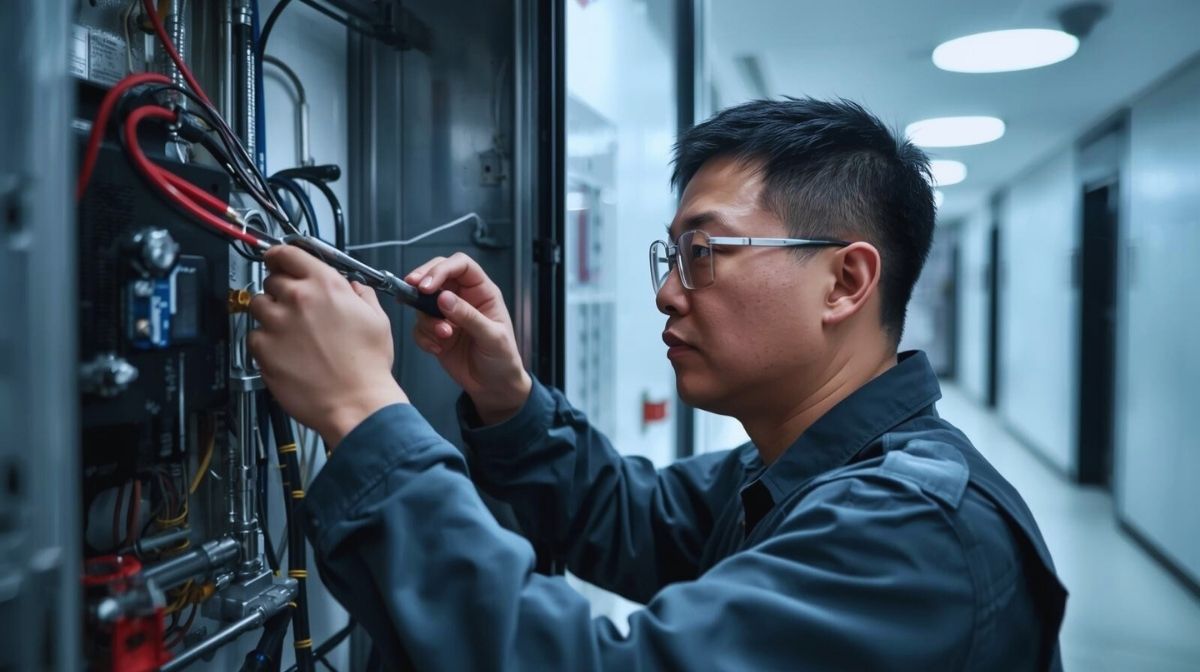 Lacidem Service Techniker führt Wartungsarbeiten an elektrischer Anlage im Schaltschrank durch – präzise Instandhaltung im Facility Management