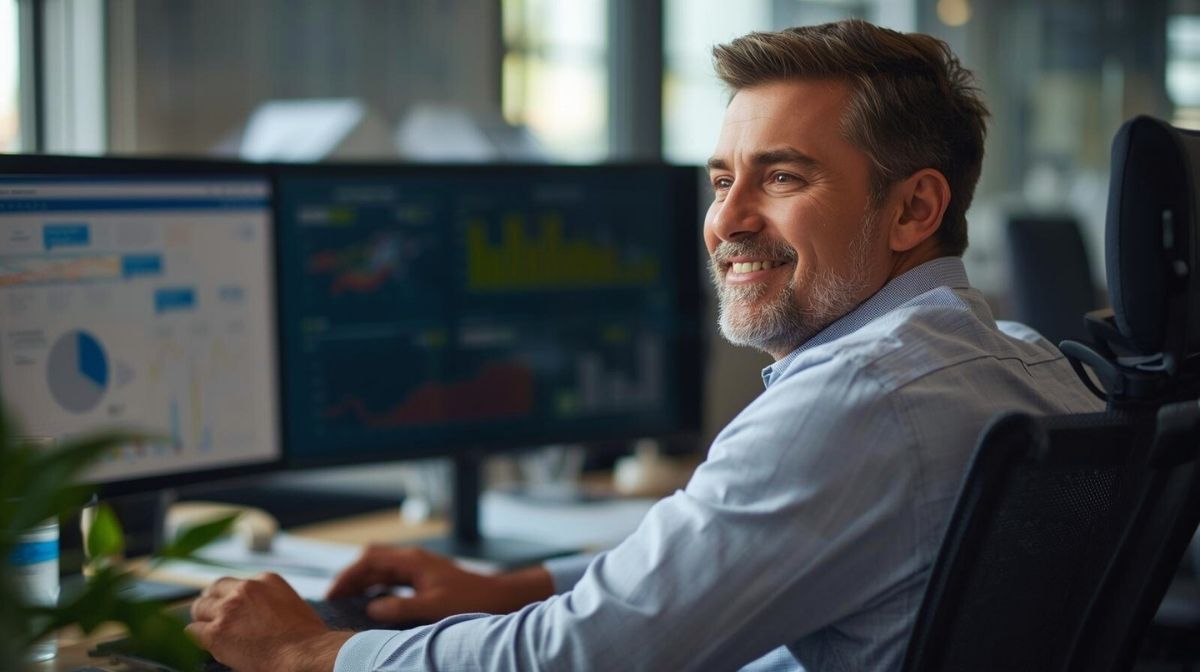 Facility‑Manager analysiert Leistungskennzahlen auf mehreren Monitoren in einem modernen Büro zur Optimierung von Gebäudebetrieb und Servicequalität.