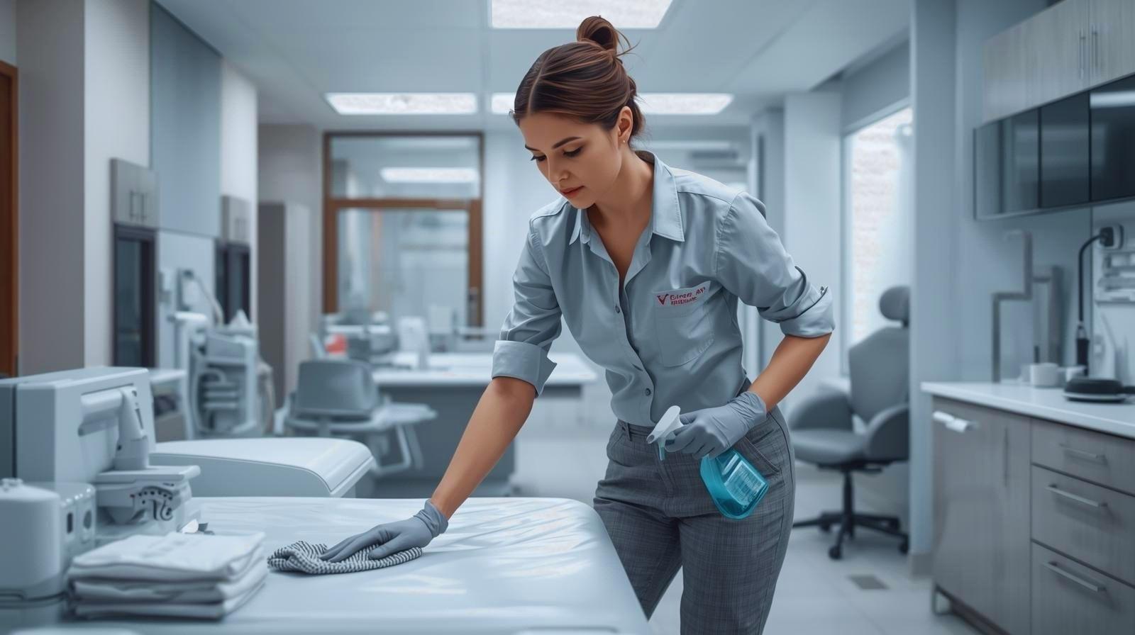 Pfaffengrund Reinigungskraft desinfiziert Oberflächen in einem modernen Büro mit Handschuhen und Sprühflasche