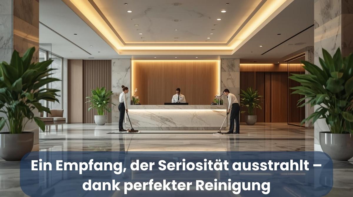Zwei Reinigungskräfte pflegen diskret den Boden im Empfangsbereich eines hochwertigen Bankgebäudes – professionelle Gebäudereinigung mit Kundenfokus