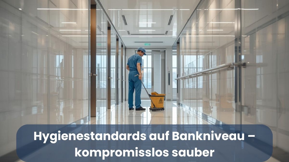 Reinigungskraft mit Warnschild führt Nassreinigung in einem modernen Büroflur durch – professionelle Gebäudereinigung im Finanzsektor