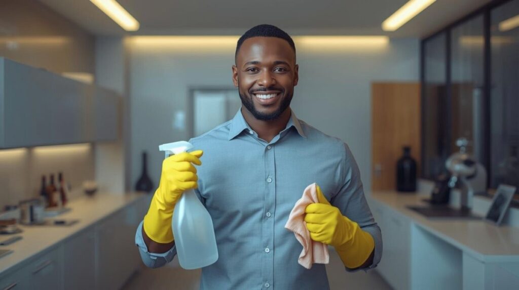 Lacidem Service Person mit Reinigungshandschuhen, Sprayflasche und Tuch in hellem Raum – Symbol für professionelle Gebäudereinigung und hygienische Pflege