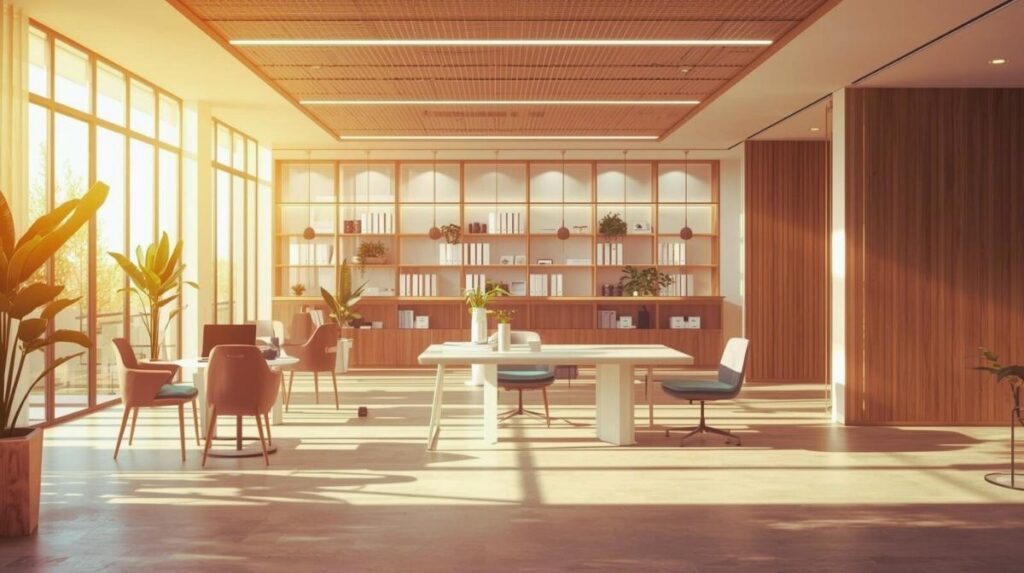Compliance und Verantwortung Heller Besprechungsraum mit weißen Tischen, Holzdecke und wandfüllendem Bücherregal – Symbol für moderne Raumgestaltung und gepflegte Arbeitsumgebung.