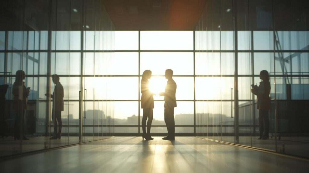 Compliance und Verantwortung Zwei Personen im Gespräch vor heller Fensterfront mit Stadtblick – Symbol für diskrete Kommunikation und professionelle Objektbetreuung.