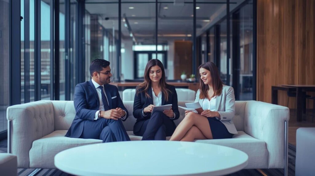 Lacidem Service Geschäftsgespräch im modernen Büro – Facility‑Manager im Austausch mit Kunden zur Servicekoordination und Objektbetreuung