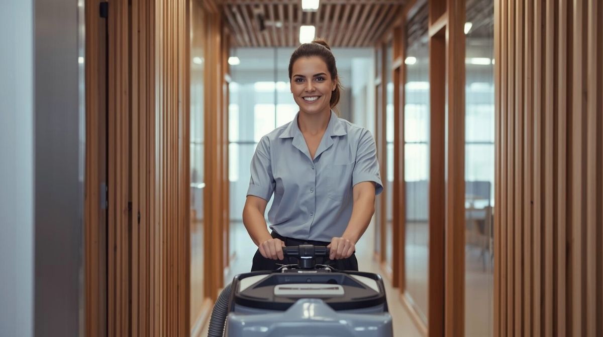 Person mit Bodenreinigungsmaschine in hellem Flur mit Holzverkleidung und Glaswänden – Symbol für moderne Reinigungstechnik und professionelle Objektpflege.