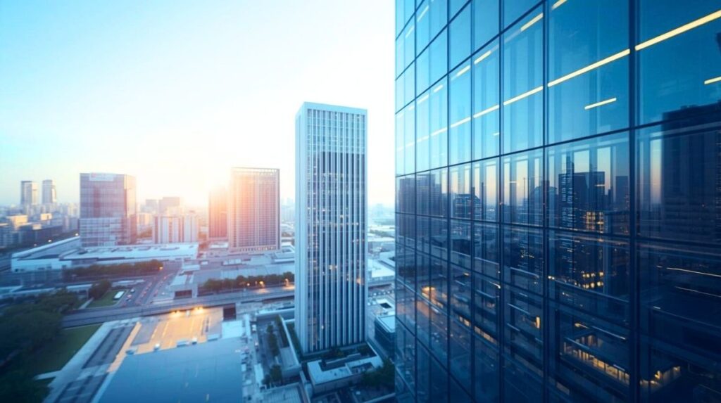 Moderne Hochhausarchitektur im Morgenlicht – Symbol für professionelle Gebäudereinigungslösungen in Banken und Versicherungen