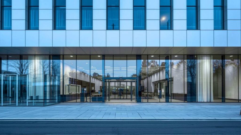 Bürogebäude mit Glasfassade und Innenansicht – Gebäudereinigung für moderne Immobilien und gewerbliche Arbeitsbereiche