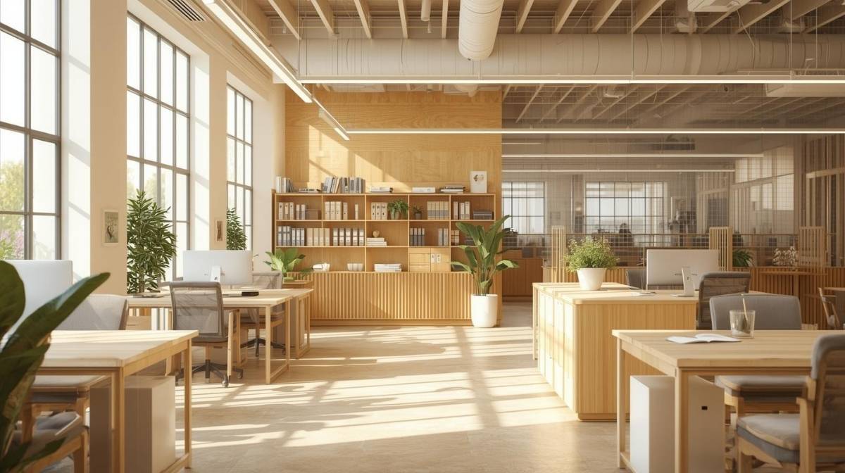 Helles Büro mit Holzmöbeln, großen Fenstern und grünen Pflanzen – Symbol für nachhaltige Objektpflege und moderne Arbeitsqualität