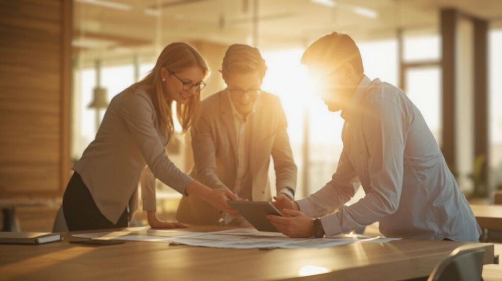 Compliance und Verantwortung Drei Personen im Gespräch über Dokumente und Tablet in hellem Büro – Symbol für Teamarbeit und strategische Objektbetreuung.