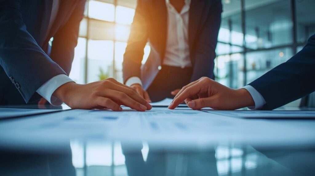 Business‑Meeting mit Fokus auf digitalen Unterlagen – ein Bild für abgestimmte Kommunikation, präzise Dokumentenprüfung und strategische Objektbetreuung im urbanen Umfeld in Bergheim.