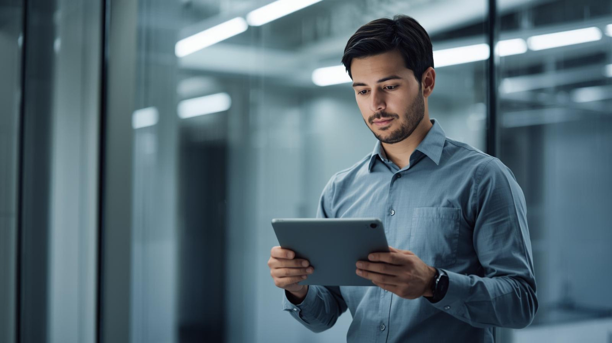 Lacidem Service Facility-Manager mit Tablet in Bürogebäude – digitale Objektbetreuung und moderne Gebäudesteuerung