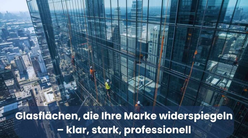Reinigungsteam mit Seiltechnik reinigt die Glasfassade eines Hochhauses – professionelle Außenreinigung für Banken und Versicherungen