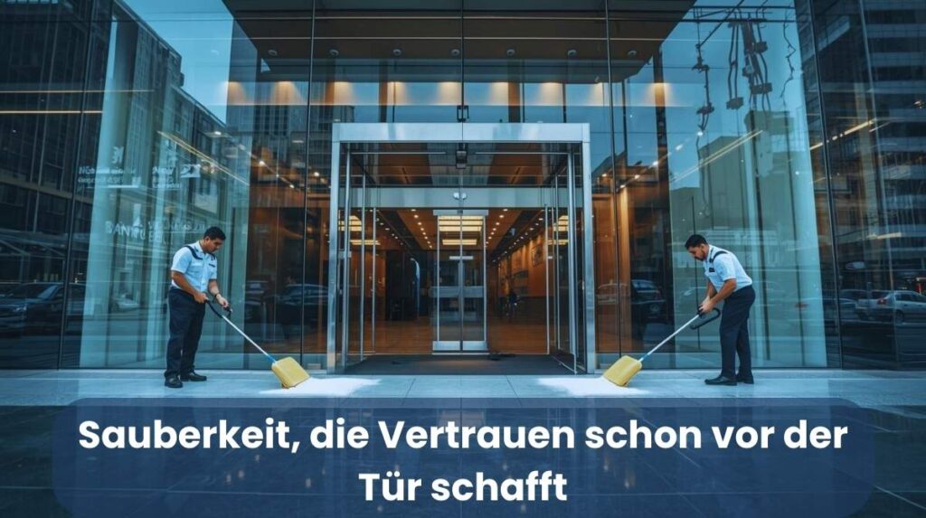 Zwei Gebäudereiniger säubern den Eingangsbereich einer modernen Bank mit Glasfassade – professionelle Außenreinigung im Finanzsektor