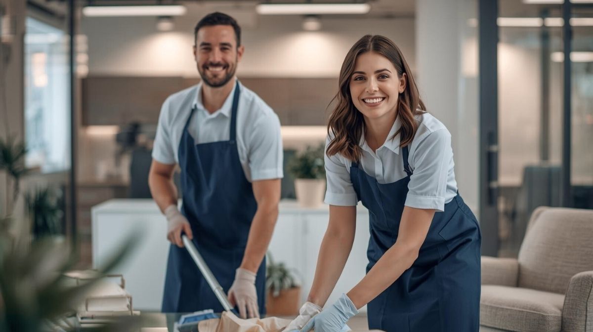 Lacidem Service Zwei Reinigungskräfte mit Handschuhen und Schürzen beim Säubern einer Oberfläche – Symbol für Hygiene, Teamarbeit und professionelle Gebäudereinigung.