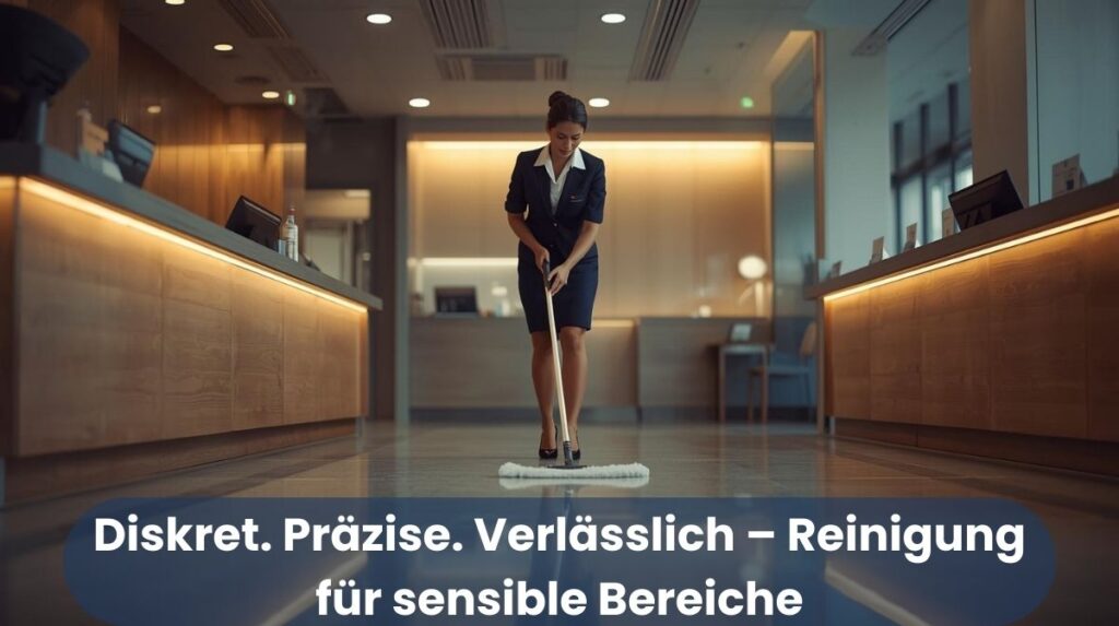 Neuenheim Reinigungskraft wischt den Boden einer modernen Praxis, in Heidelberg Neuenheim, mit warmem Licht und hochwertiger Ausstattung – desinfizierende Gebäudereinigung für Kliniken und Praxen