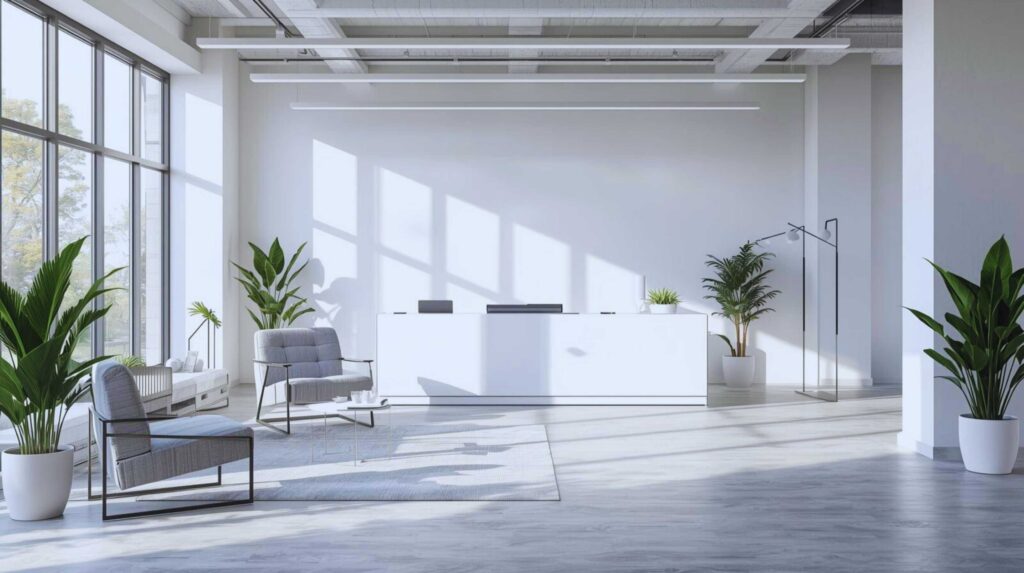 Gesundheit und Pflege Helle, moderne Empfangszone mit weißem Tresen, großen Fenstern und stilvollen Pflanzen – professionelle Atmosphäre in medizinischer Einrichtung.