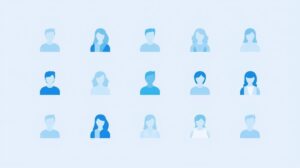 Raster aus stilisierten Personen-Avataren mit blauer Farbgebung und Verifizierungs-Icon – Symbol für digitale Identifikation und Benutzerverwaltung.