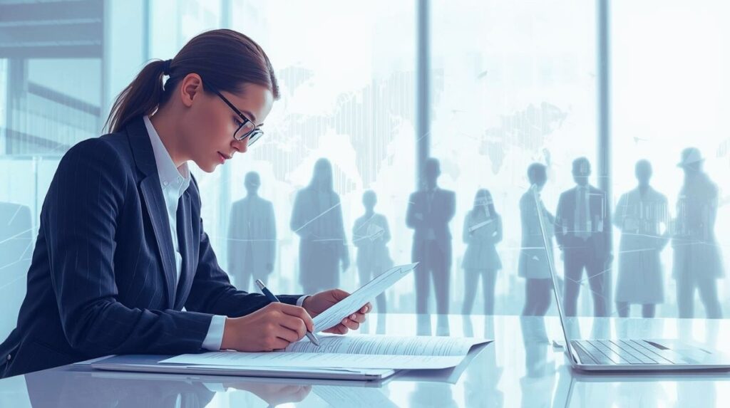 Personalvermittlung Recruiter prüft Bewerbungsunterlagen am Schreibtisch – professionelle Personalauswahl in internationaler Büroumgebung