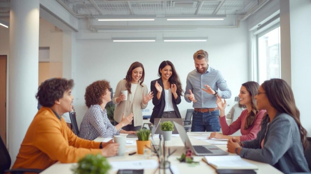 Personalvermittlung Teammeeting mit positiver Dynamik – Personalvermittlung zur gezielten Teamstärkung und langfristigen Mitarbeiterbindung