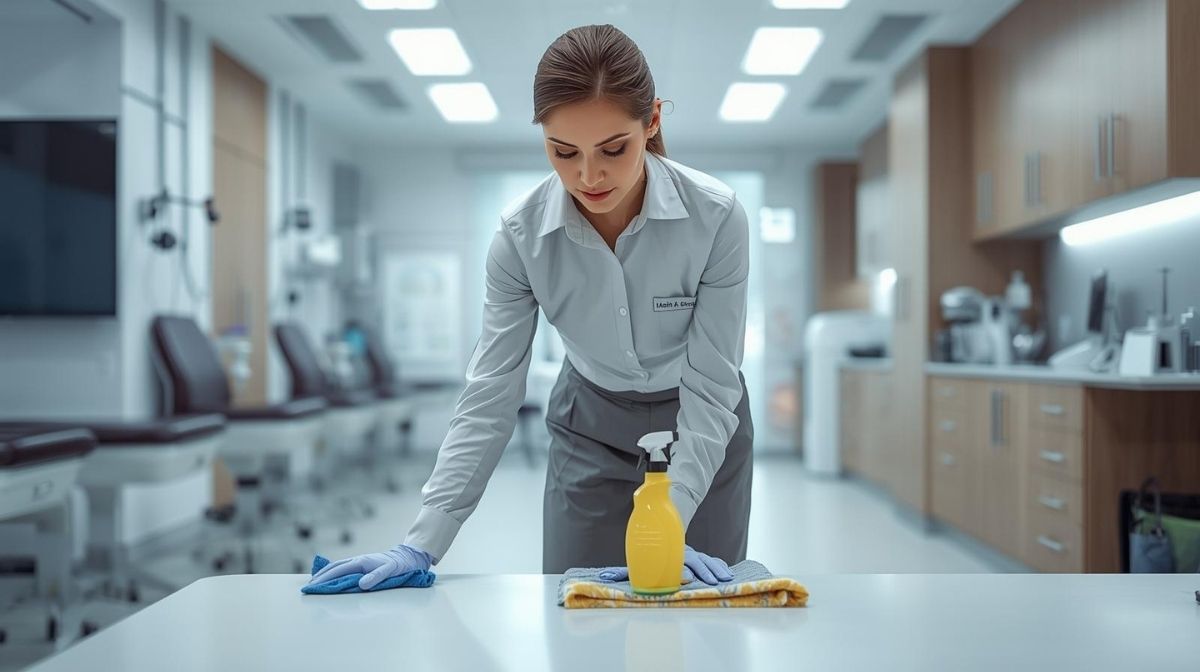 Pfaffengrund Person mit Reinigungshandschuhen, Sprayflasche und Tuch beim Säubern einer Oberfläche – Symbol für Hygiene und präzise Gebäudereinigung im professionellen Umfeld.