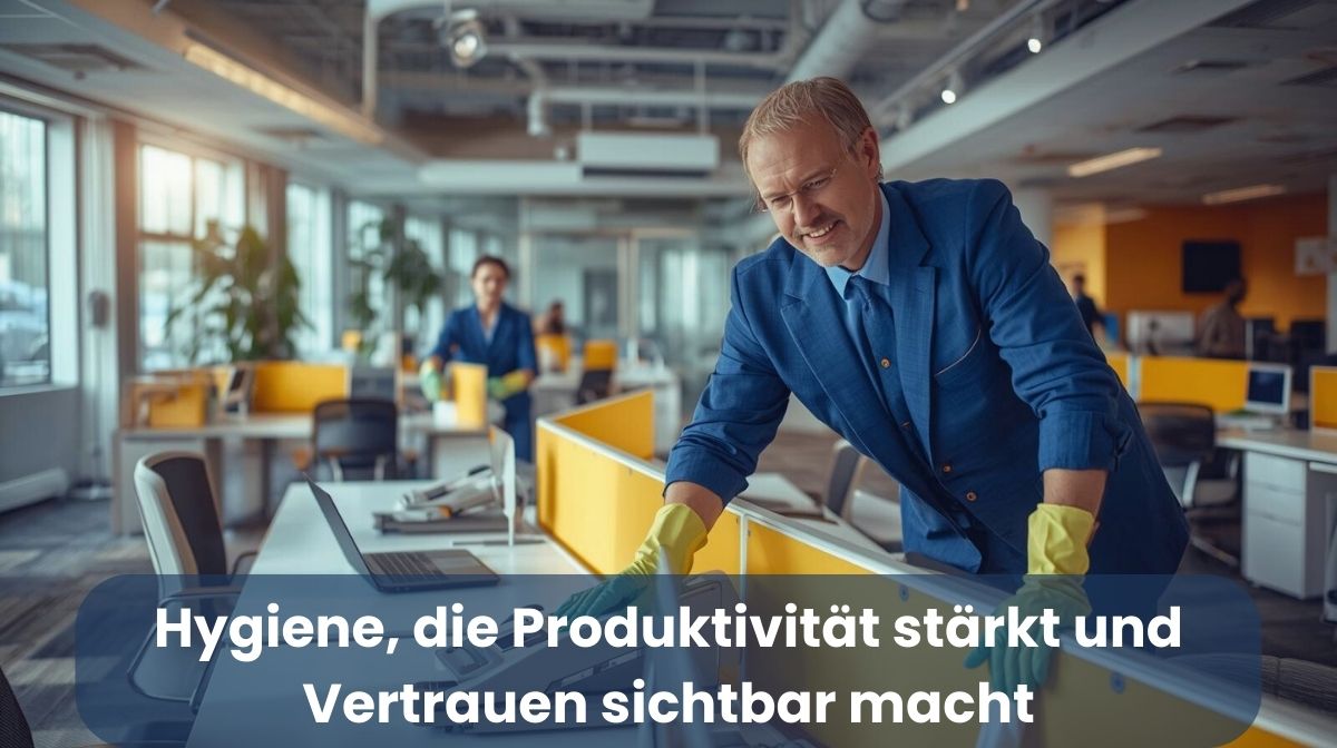lReinigungskraft in blauer Uniform säubert einen Schreibtisch in einem modernen Versicherungsbüro – professionelle Arbeitsplatzhygiene im Finanzsektor