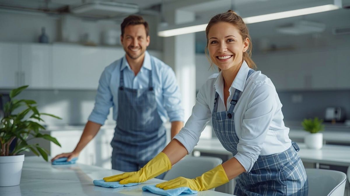 Zwei Reinigungskräfte mit Handschuhen und Tüchern beim Säubern einer Oberfläche – Symbol für Hygiene, Teamarbeit und professionelle Gebäudereinigung