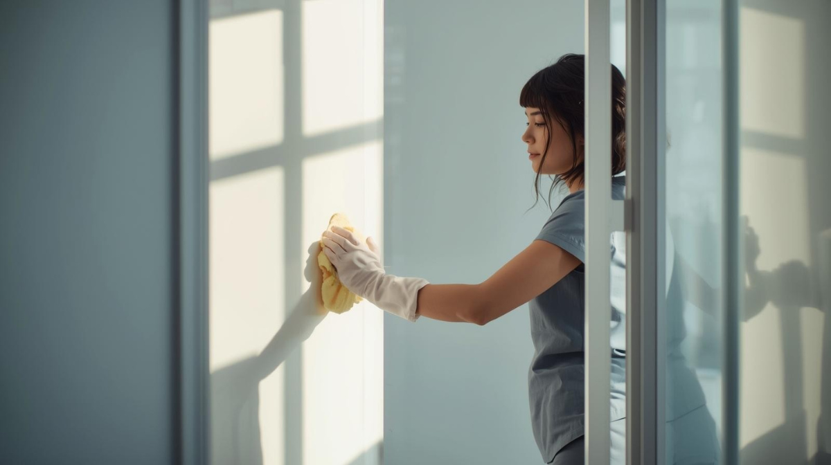 Lacidem Service Reinigungskraft säubert Glasfläche im Sonnenlicht – Gebäudereinigung für medizinische Einrichtungen mit Fokus auf Hygiene und Präzision