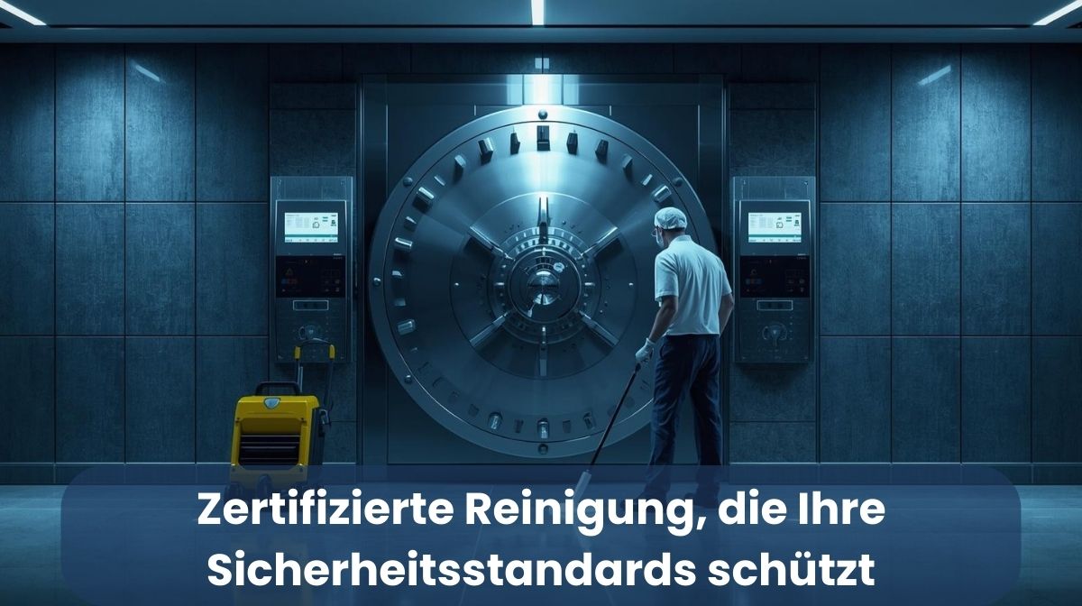 Reinigungskraft wischt den Boden vor einem massiven Banktresor – diskrete Gebäudereinigung in Hochsicherheitsbereichen