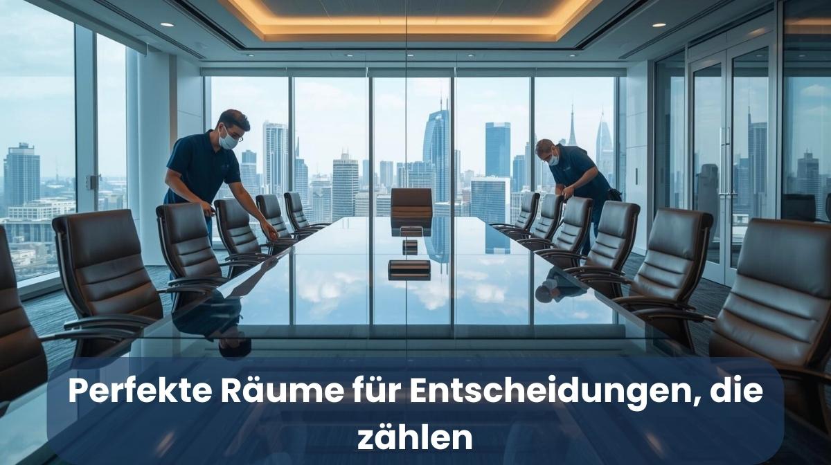 Zwei Reinigungskräfte bereiten einen modernen Konferenzraum mit Glas‑Tisch und Stadtblick für ein Bank‑Meeting vor – diskrete Premium‑Reinigung im Finanzsektor