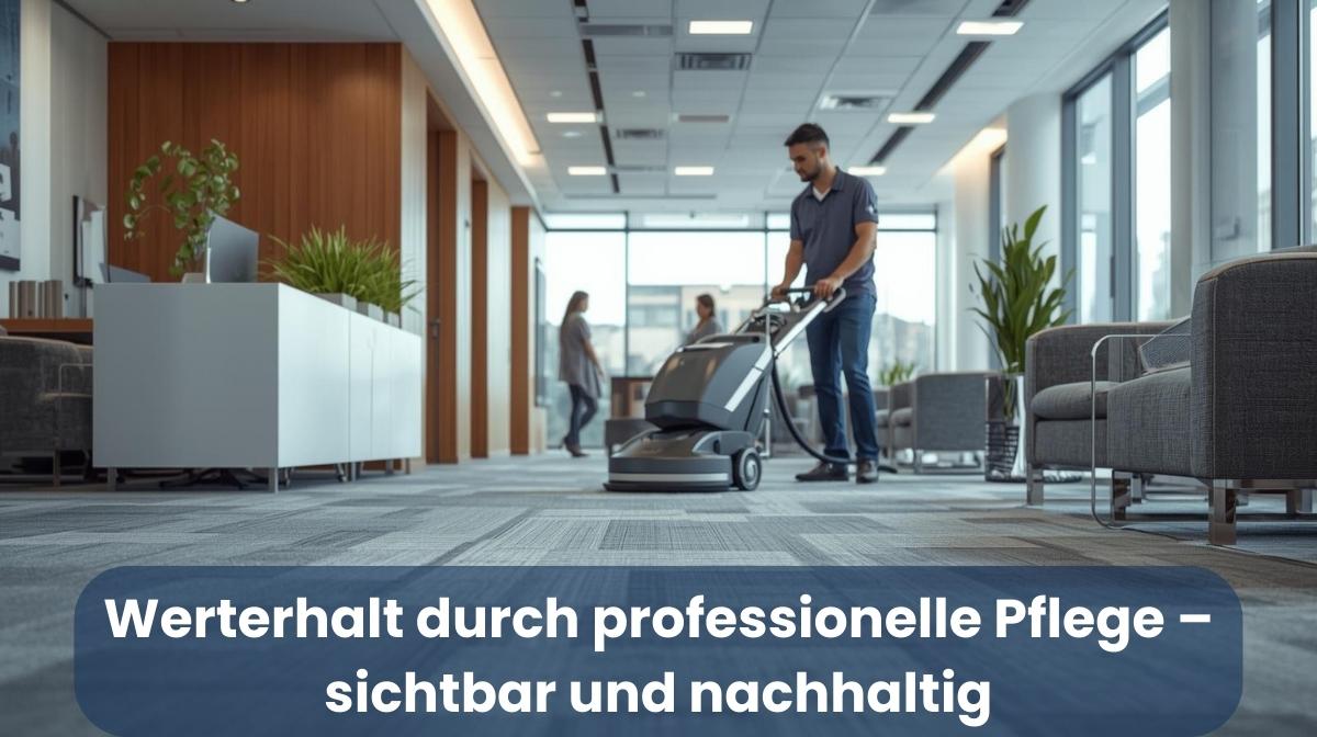 Reinigungskraft führt maschinelle Teppichreinigung in einem modernen Büroflur durch – professionelle Bodenpflege für Banken und Versicherungen