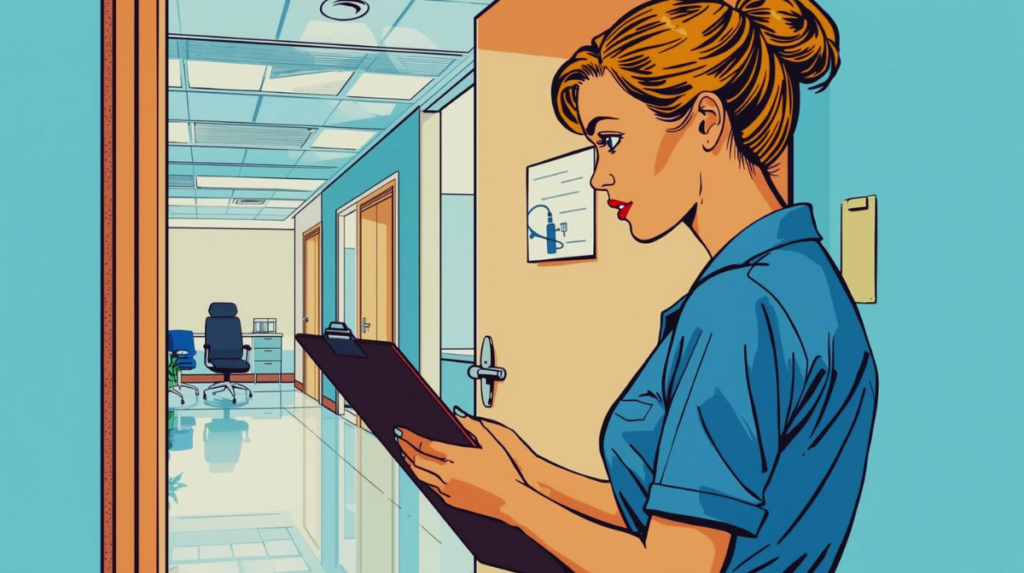 Illustration einer Mitarbeiterin mit Klemmbrett in hellem Flur – Symbol für Organisation, Verantwortung und professionelle Objektbetreuung.