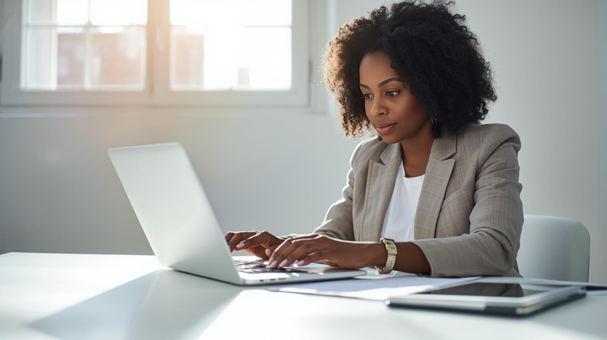 Lacidem Service Geschäftsperson arbeitet konzentriert am Laptop in heller, moderner Büroatmosphäre mit natürlichem Tageslicht.