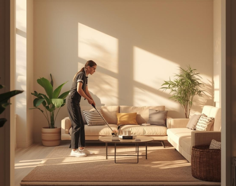 Person beim Staubsaugen in einem hellen, modern eingerichteten Wohnzimmer mit Sofa, Pflanzen und großen Fenstern.