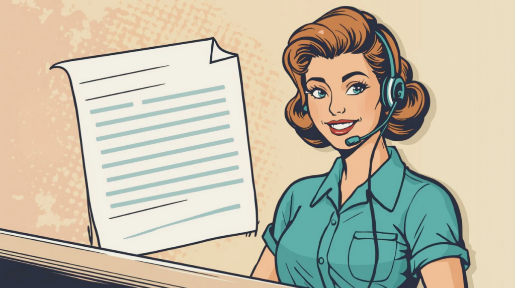 Illustration einer freundlichen Servicekraft mit Headset und Informationsblatt – Symbol für professionelle Kommunikation und Kundenbetreuung