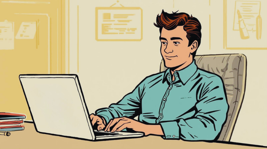 Illustration einer Person am Laptop in Büro-Umgebung – Symbol für digitale Organisation, Einsatzplanung und moderne Dienstleistungsprozesse.