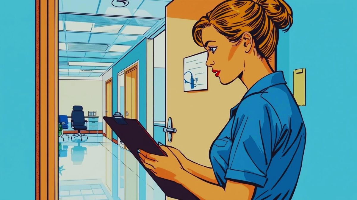 Illustration einer Mitarbeiterin mit Klemmbrett in hellem Flur – Symbol für Organisation, Verantwortung und professionelle Objektbetreuung.