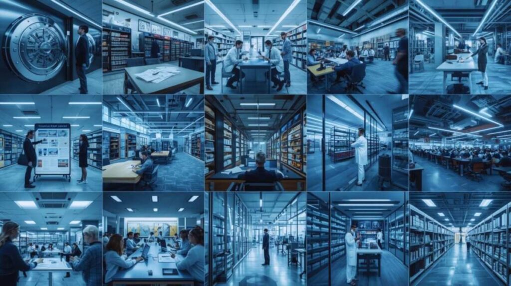 Moderne Bibliotheks‑ und Lernumgebung mit Menschen beim Lesen, Recherchieren und Arbeiten in verschiedenen Bereichen.