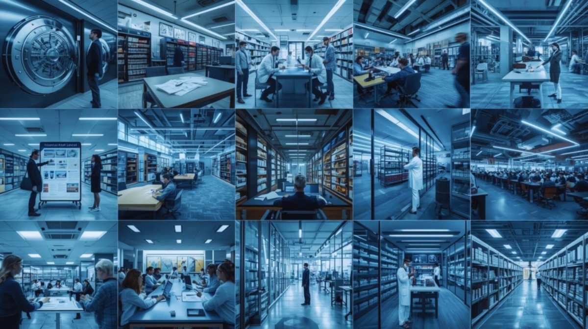 Über uns Moderne Bibliotheks‑ und Lernumgebung mit Menschen beim Lesen, Recherchieren und Arbeiten in verschiedenen Bereichen.