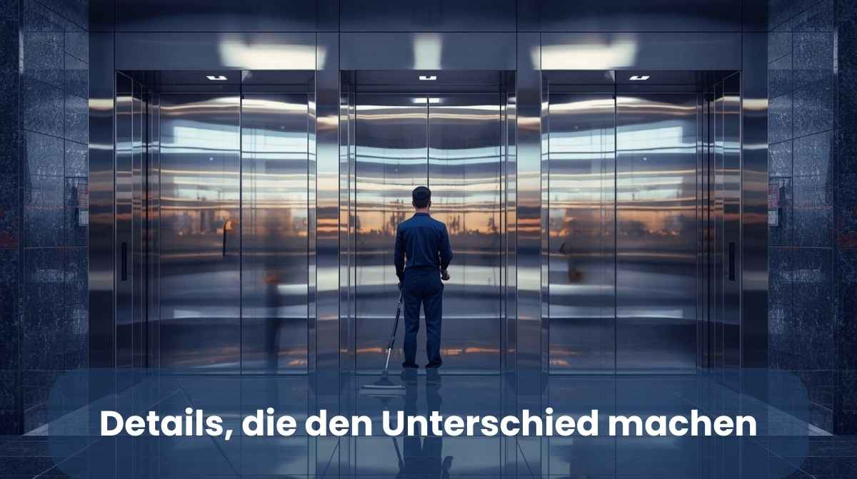 Büro-Immobilien Person steht vor modernen Aufzugtüren in einem Bürogebäude, reflektierende Oberflächen, klare Linien, professionelle Gebäudereinigungs‑Atmosphäre.