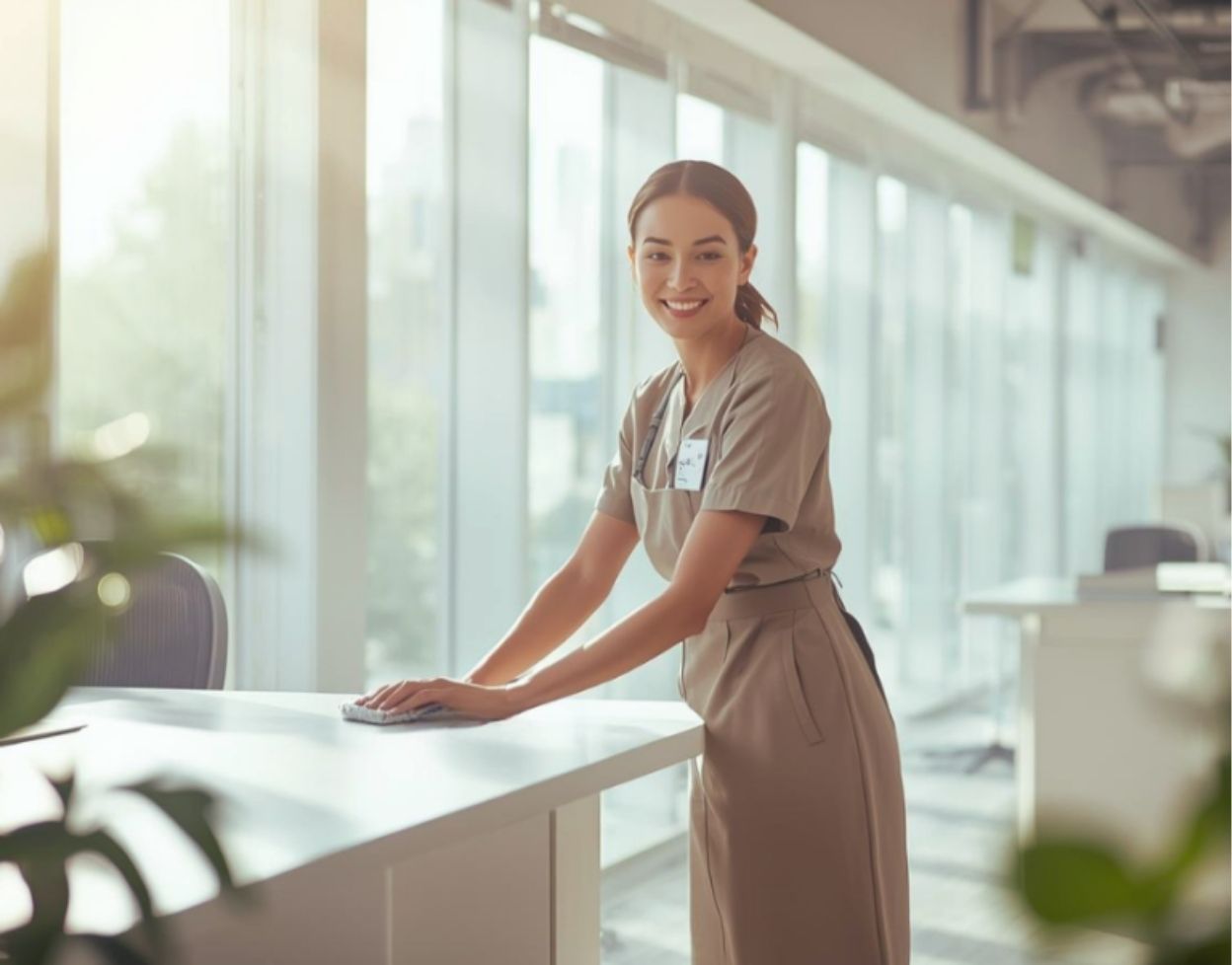 Reinigungskraft säubert weißen Schreibtisch in hellem Büro mit großen Fenstern – Symbol für Sauberkeit, Sorgfalt und professionelle Objektpflege.