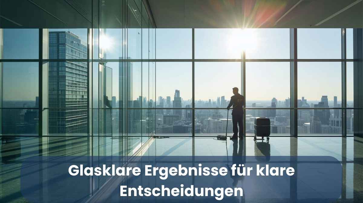Büro-Immobilien Person mit Koffer steht vor großen Glasfronten in einem modernen Gebäude und blickt auf die Stadt, klare Linien, professionelle Atmosphäre, hochwertige Gebäudereinigungs‑Umgebung.