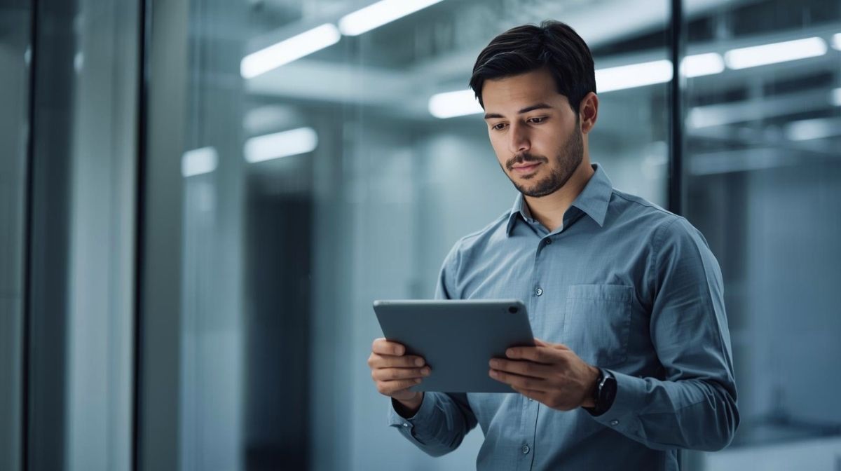 Lacidem Service Facility-Manager mit Tablet in Bürogebäude – digitale Objektbetreuung und moderne Gebäudesteuerung