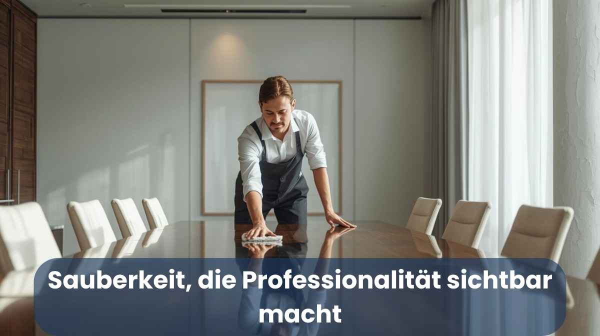 Büro-Immobilien Reinigungskraft wischt einen großen Konferenztisch in einem modernen Besprechungsraum, helle Umgebung, gepflegte Arbeitsflächen, professionelle Gebäudereinigung.