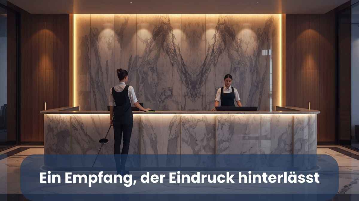 Büro-Immobilien Zwei Mitarbeitende stehen an einem modernen Empfangstresen in einem hochwertigen Gebäude, gepflegte Umgebung, professionelle Atmosphäre, repräsentativer Eingangsbereich.