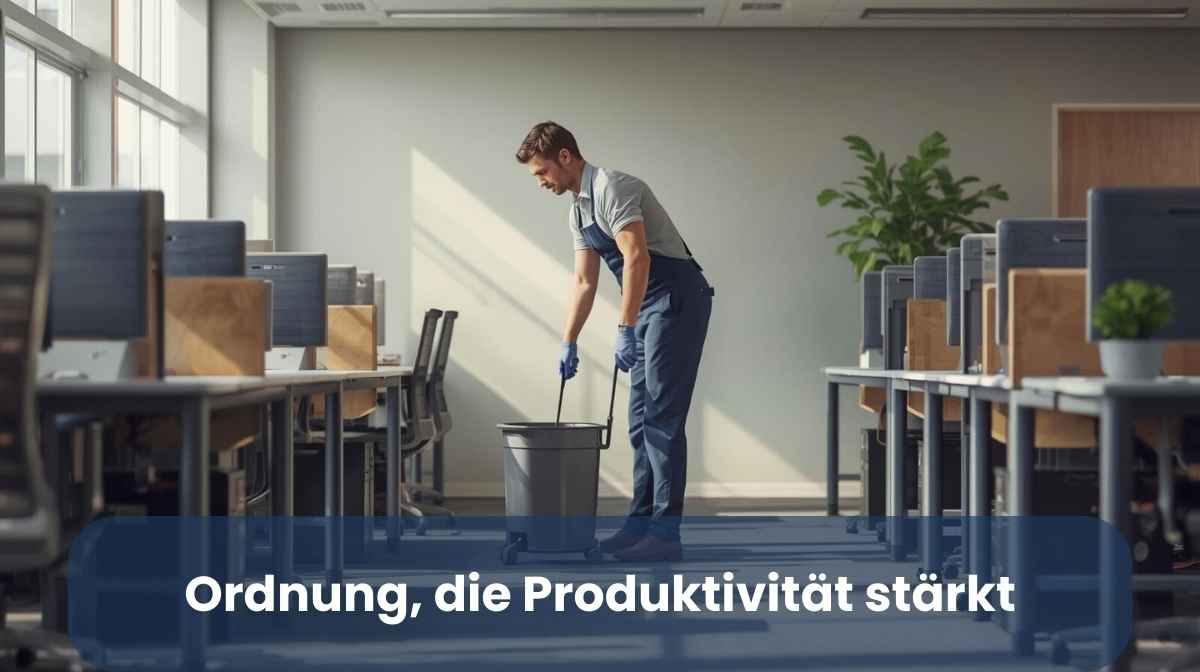 Büro-Immobilien Reinigungskraft moppt den Boden in einem modernen Büro mit Schreibtischen und Tageslicht, gepflegte Arbeitsumgebung, professionelle Gebäudereinigung.